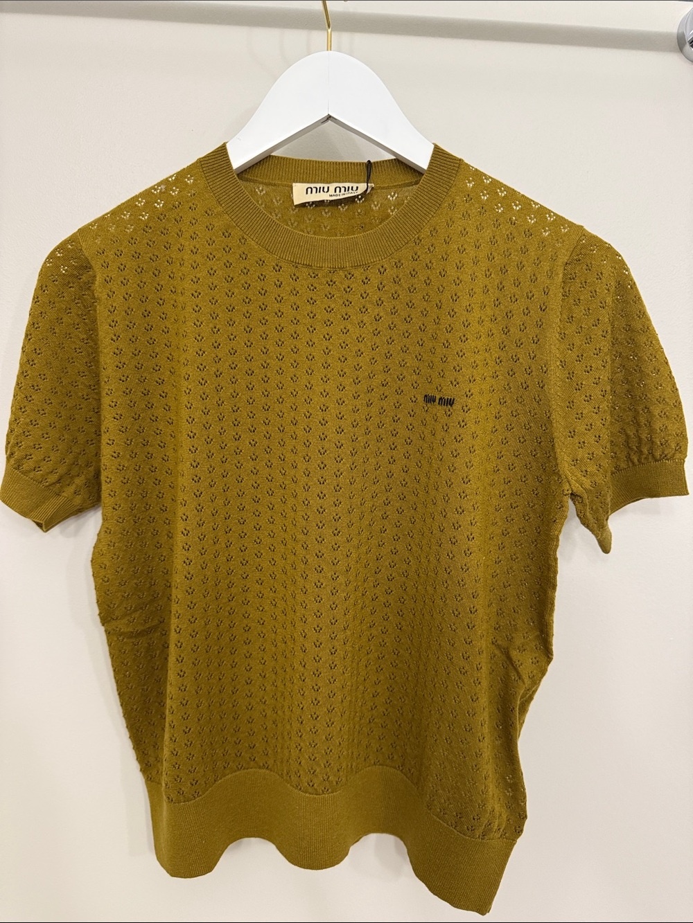 Miu Miu Mustard Eyelet Knit Short Sleeve Sweater